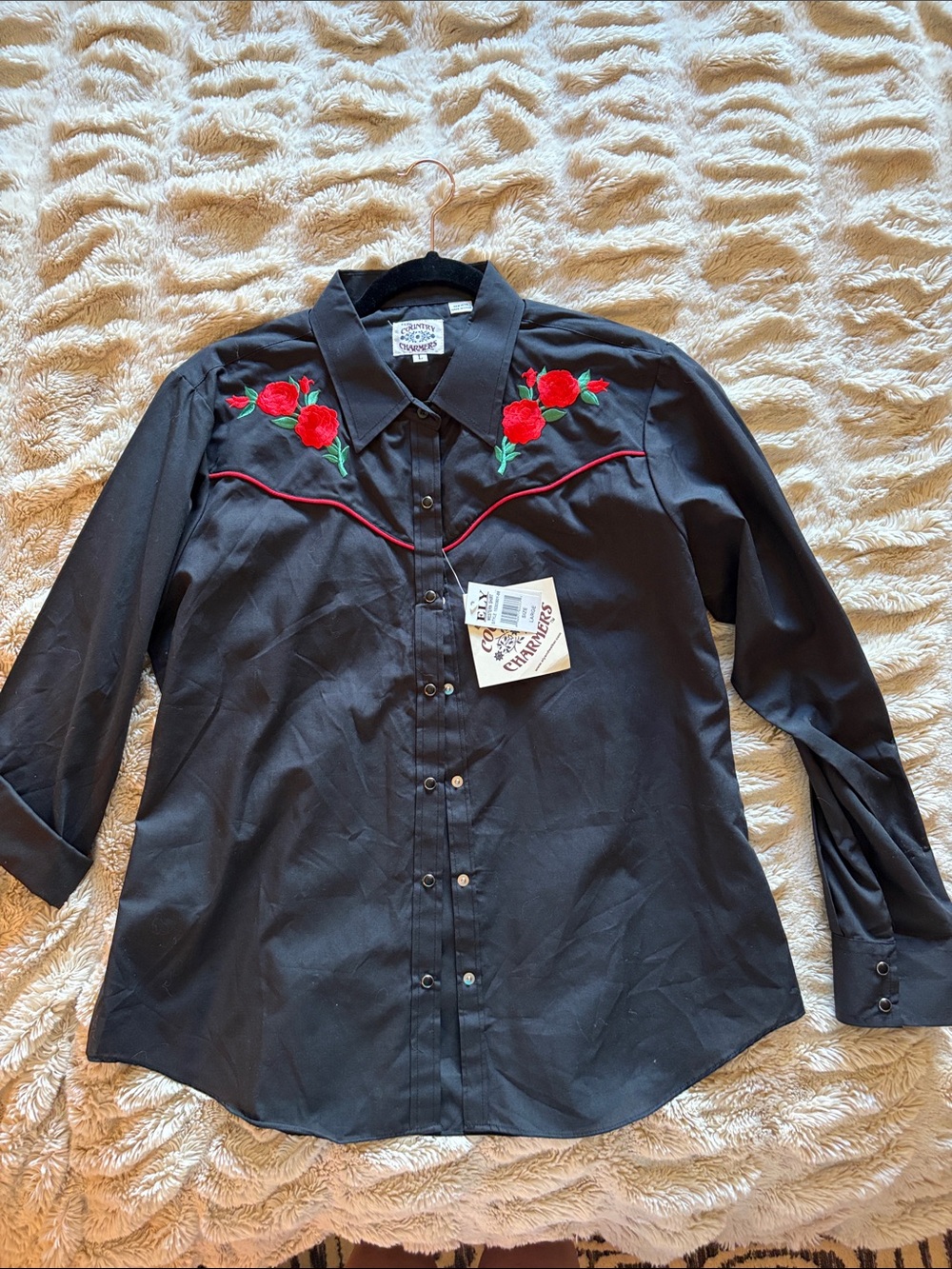 Black Men's Western Shirt with Red Rose Embroidery